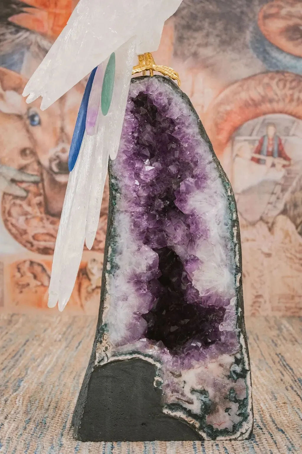 3 Ft Clear Quartz Crystal Parrot On Amethyst Cathedral