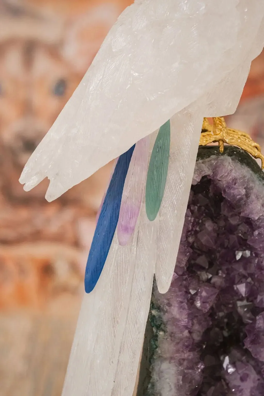 3 Ft Clear Quartz Crystal Parrot On Amethyst Cathedral