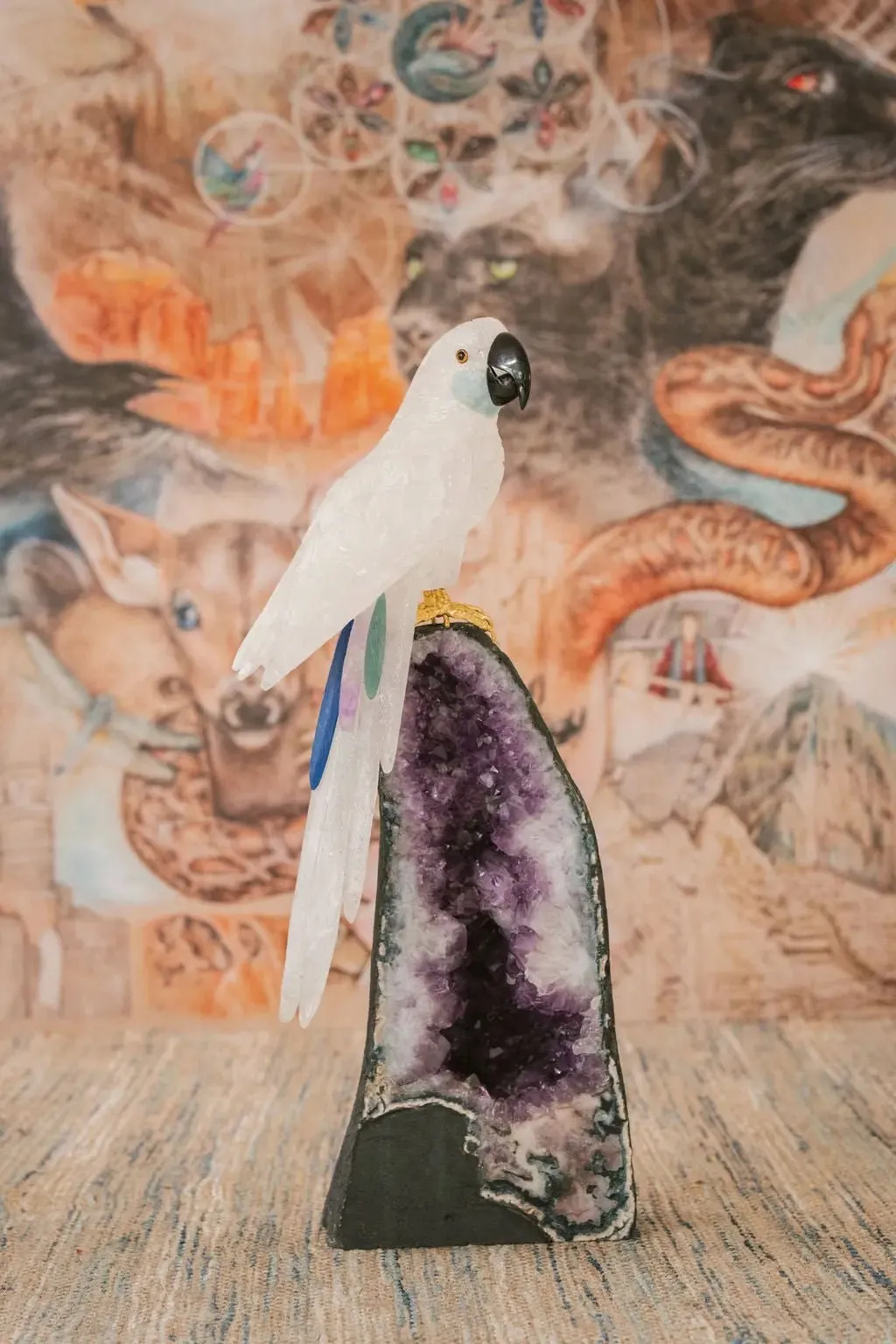 3 Ft Clear Quartz Crystal Parrot On Amethyst Cathedral