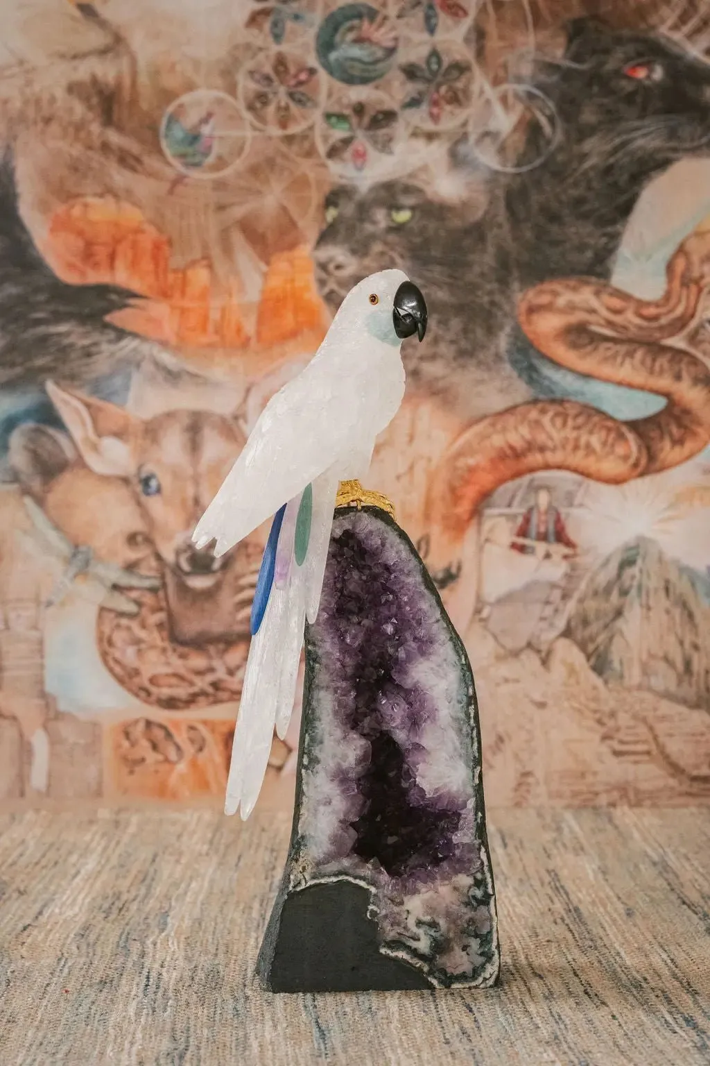 3 Ft Clear Quartz Crystal Parrot On Amethyst Cathedral