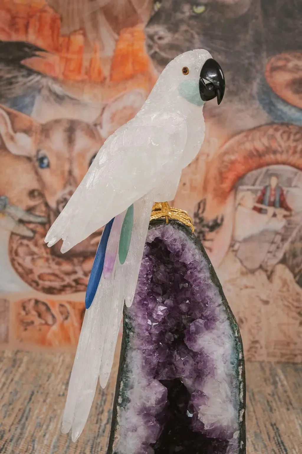 3 Ft Clear Quartz Crystal Parrot On Amethyst Cathedral