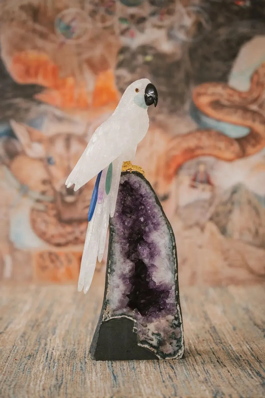 3 Ft Clear Quartz Crystal Parrot On Amethyst Cathedral