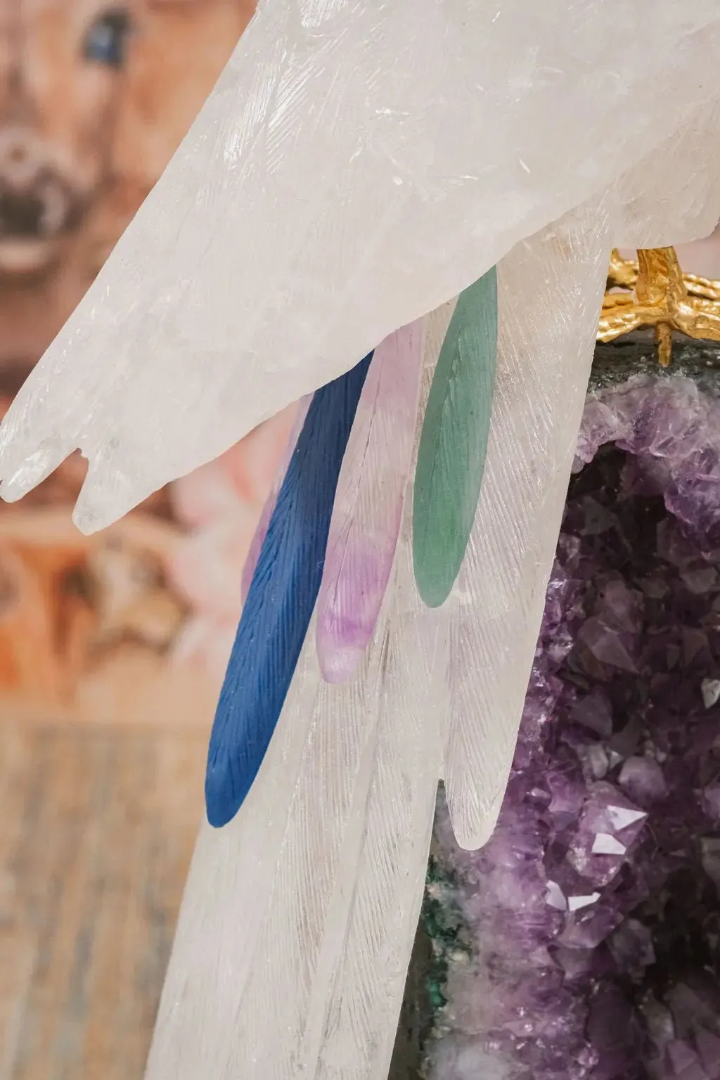 3 Ft Clear Quartz Crystal Parrot On Amethyst Cathedral