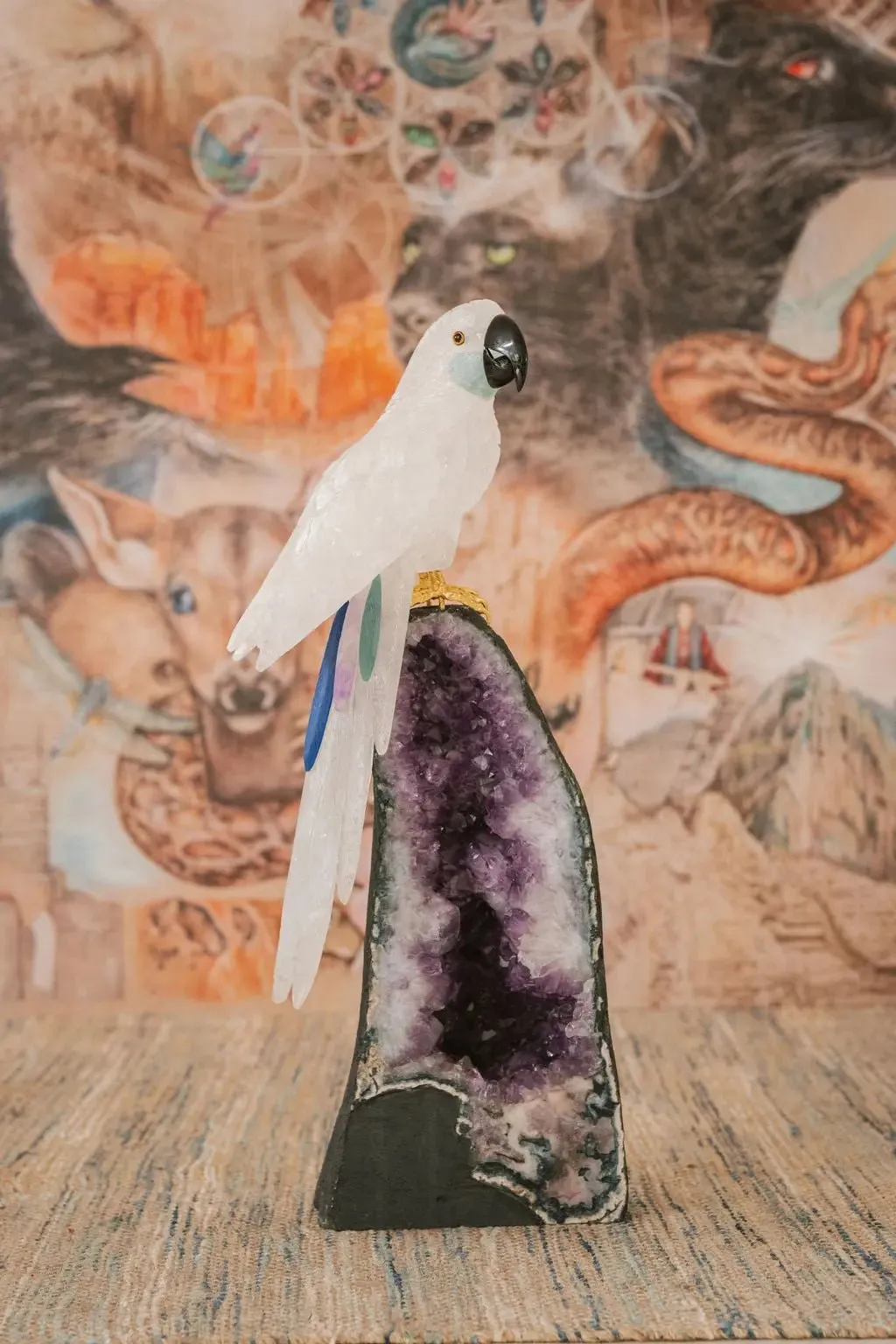 3 Ft Clear Quartz Crystal Parrot On Amethyst Cathedral