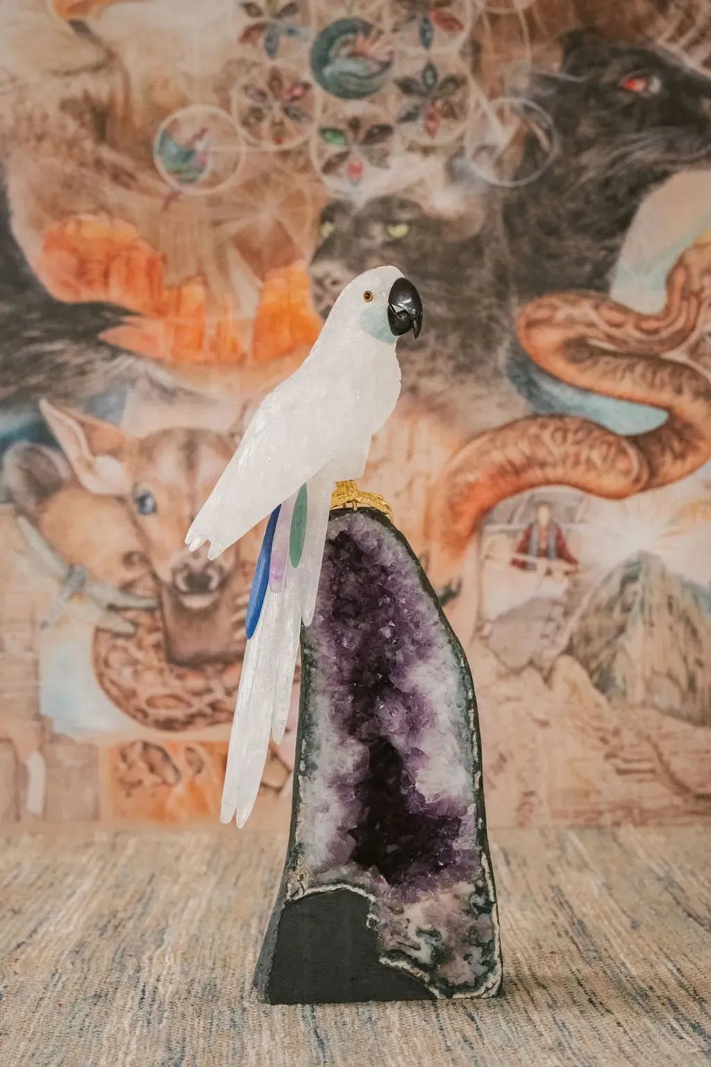 3 Ft Clear Quartz Crystal Parrot On Amethyst Cathedral