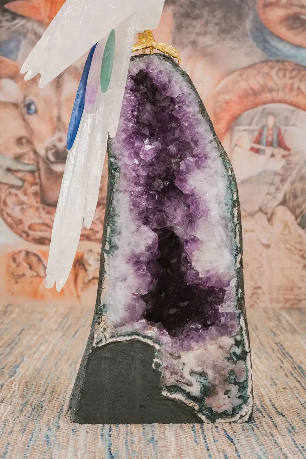 3 Ft Clear Quartz Crystal Parrot On Amethyst Cathedral