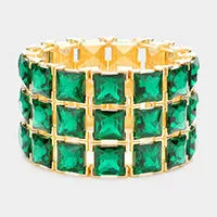 3 Row Emerald Square Stone Stretch Pageant Bracelet on Gold | Statement Jewelry | 575002