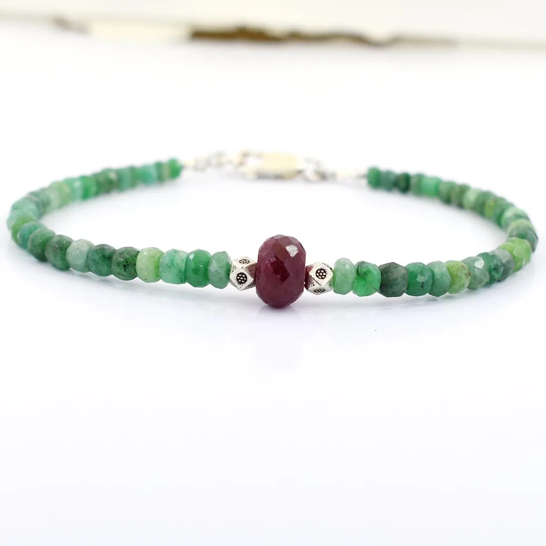 34.55 ct Emerald Gemstone & Ruby Bead Bracelet with Silver Finding