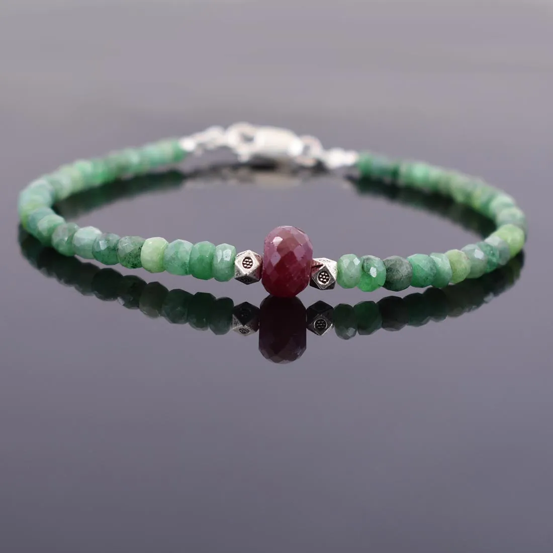 34.55 ct Emerald Gemstone & Ruby Bead Bracelet with Silver Finding