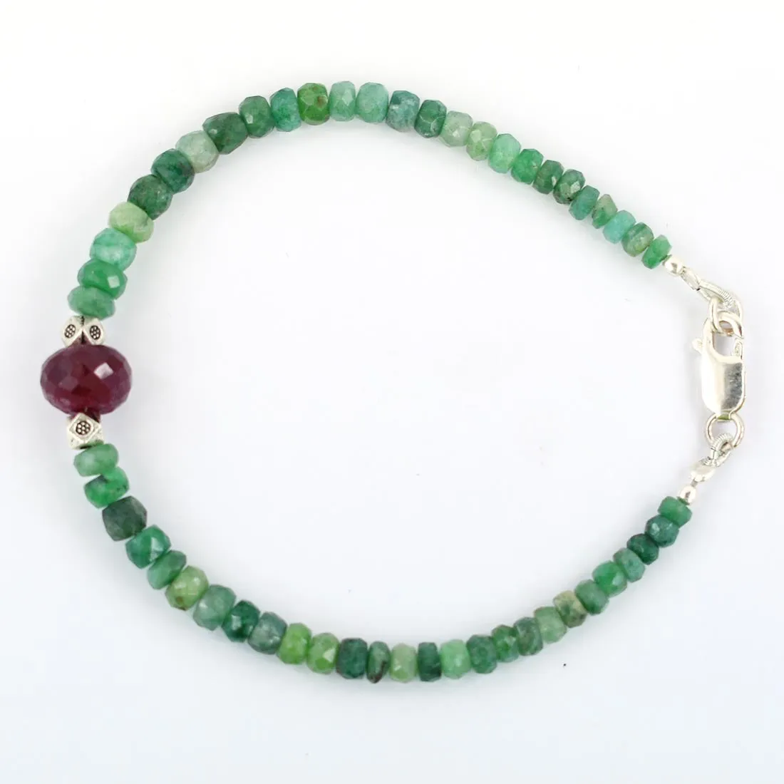 34.55 ct Emerald Gemstone & Ruby Bead Bracelet with Silver Finding