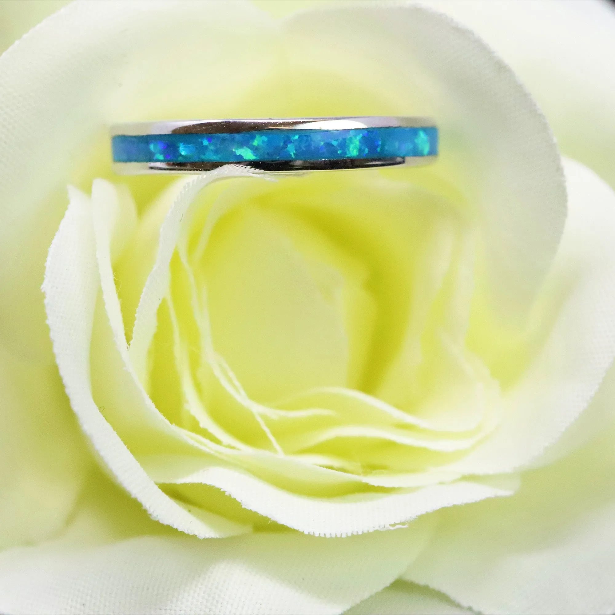 3mm Single Band Pacific Sapphire Opal Ring - 925 Sterling Silver Stackable Ring