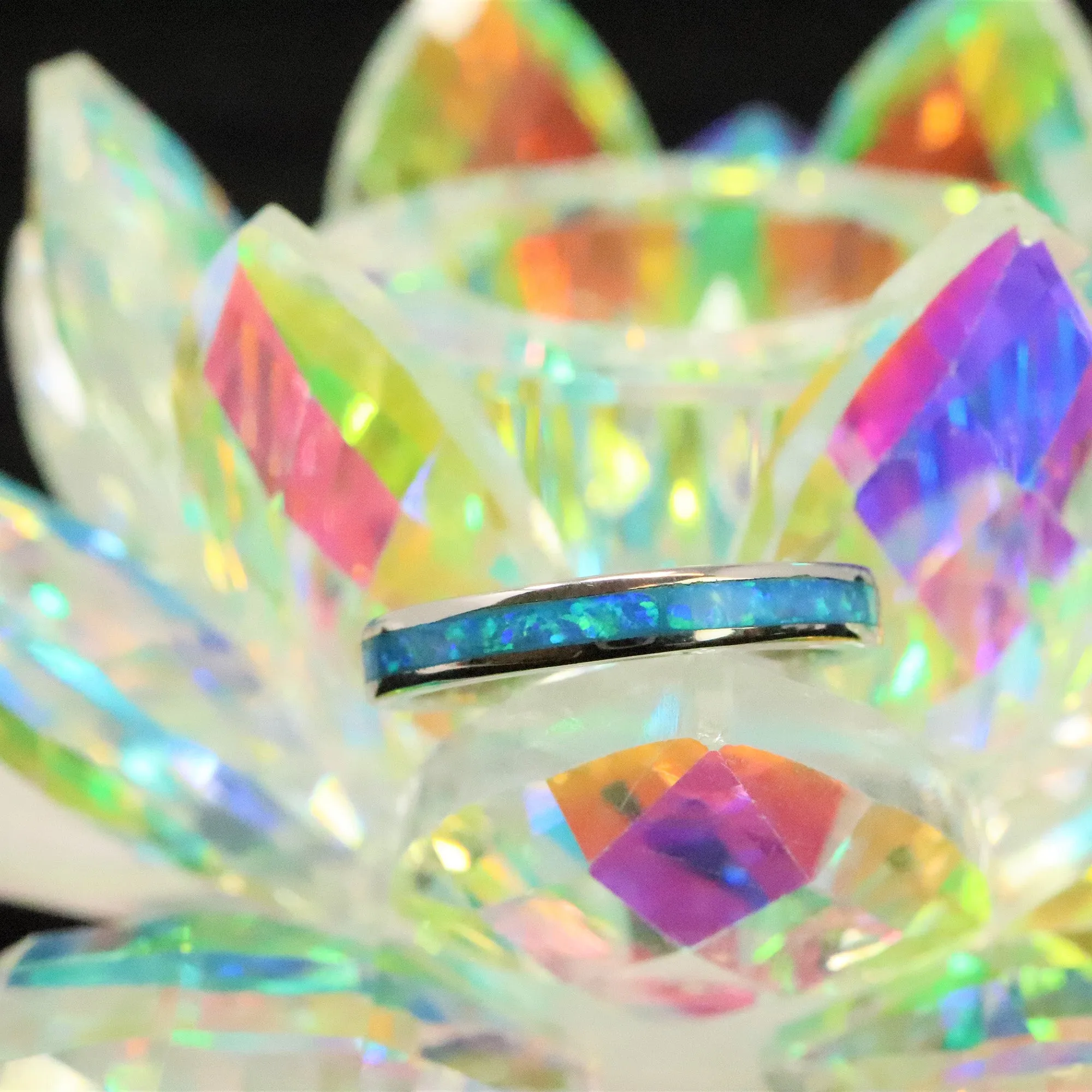 3mm Single Band Pacific Sapphire Opal Ring - 925 Sterling Silver Stackable Ring