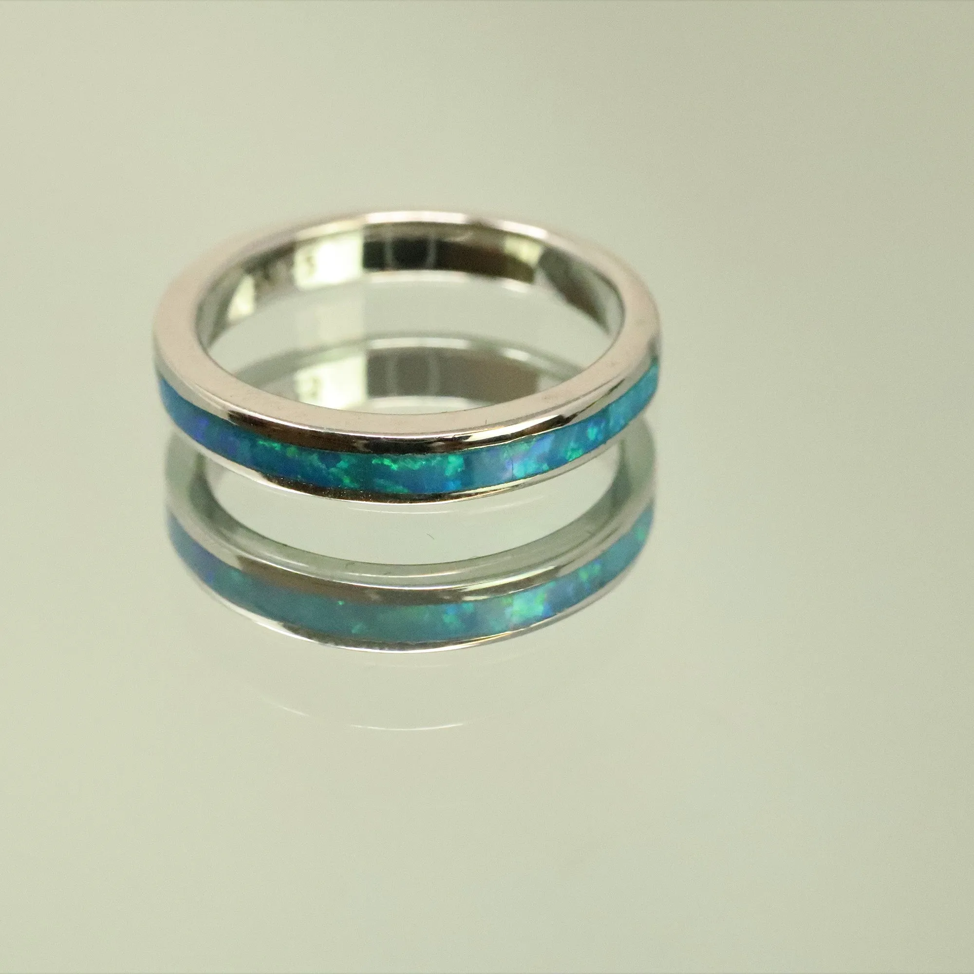 3mm Single Band Pacific Sapphire Opal Ring - 925 Sterling Silver Stackable Ring