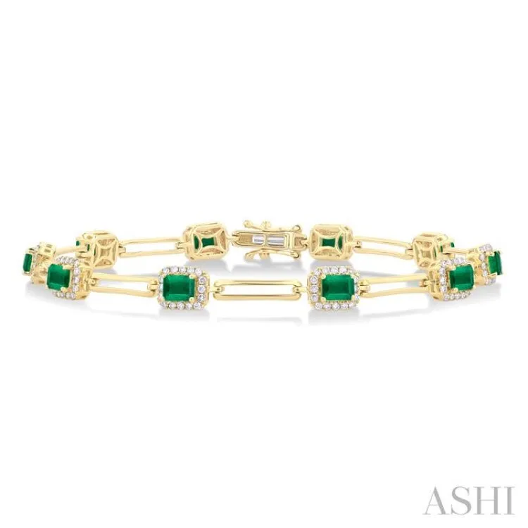 4x3 MM Emerald and 5/8 ctw Round Cut Diamond Halo Precious Open Link Bracelet in 14K Yellow Gold