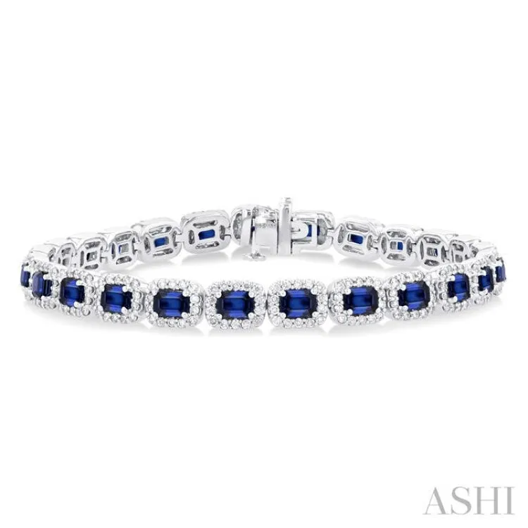 4X3 MM Emerald Cut Sapphire and 2 1/5 ctw Round Cut Diamond Halo Precious Bracelet in 14K White Gold