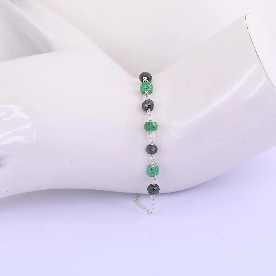 5 mm Certified Emerald Gemstone Chain Bracelet With Black Diamond Bead