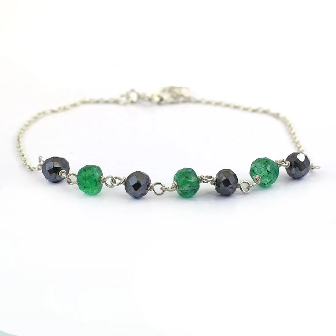 5 mm Certified Emerald Gemstone Chain Bracelet With Black Diamond Bead