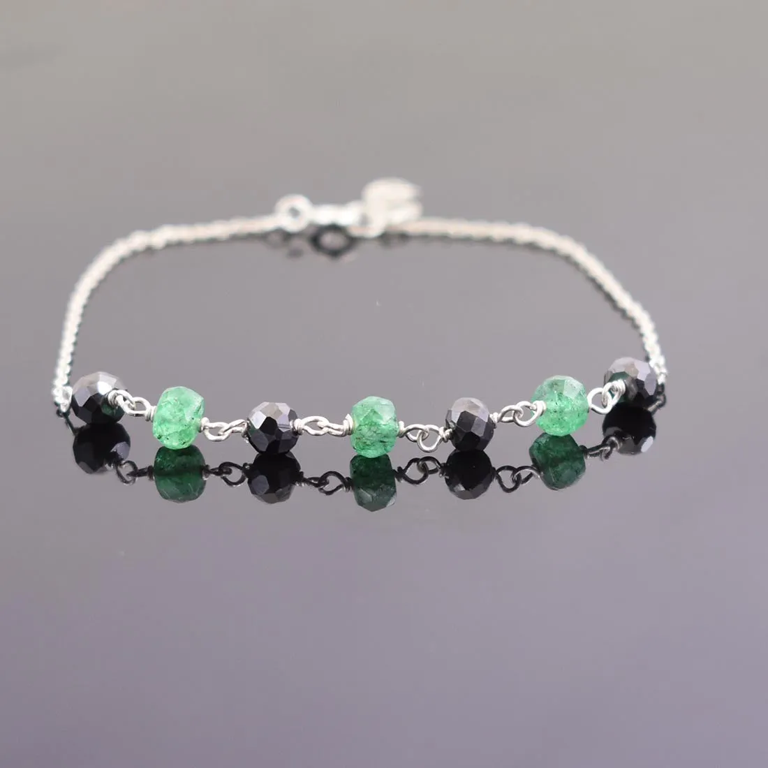 5 mm Certified Emerald Gemstone Chain Bracelet With Black Diamond Bead