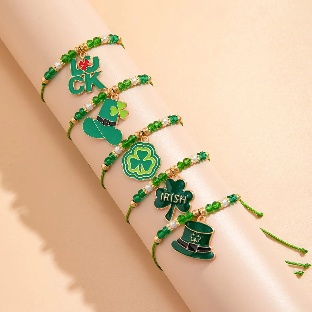 5 Pcs Clover Charm Knotted String Beaded Bracelet Set