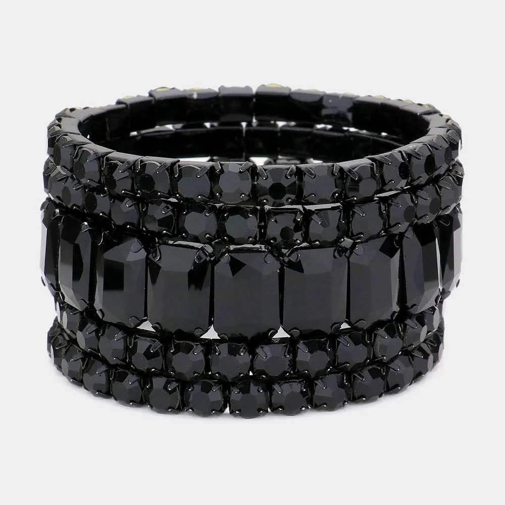 5 Pieces - Black Stone Stretch Multi Layered Pageant Bracelets | Prom Jewelry |  564236