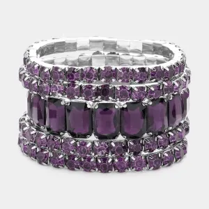 5 Pieces - Dark Purple Stone Stretch Multi Layered Pageant Bracelets | Prom Jewelry |  587860