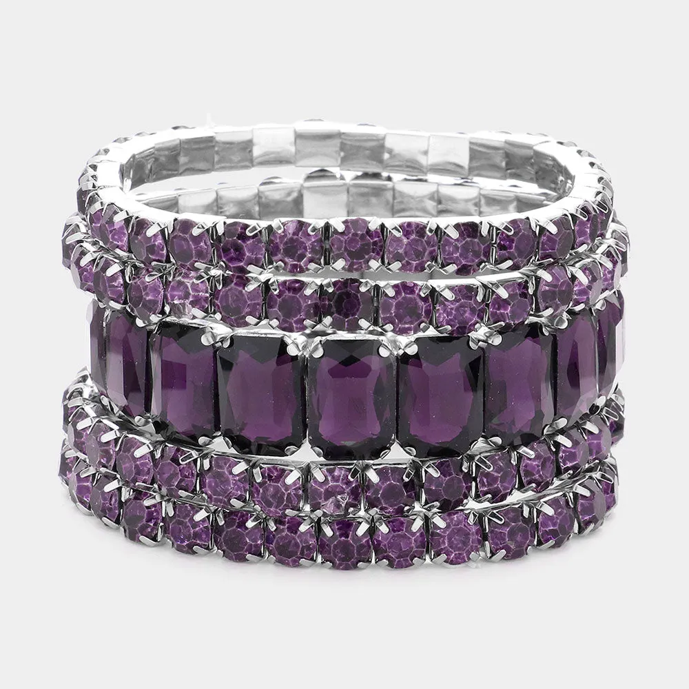 5 Pieces - Dark Purple Stone Stretch Multi Layered Pageant Bracelets | Prom Jewelry |  587860