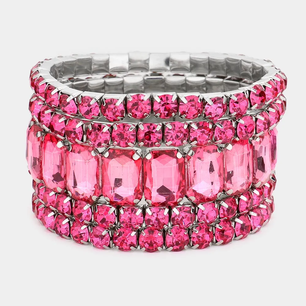 5 Pieces - Pink Stone Stretch Multi Layered Pageant Bracelets | Prom Jewelry |  567939