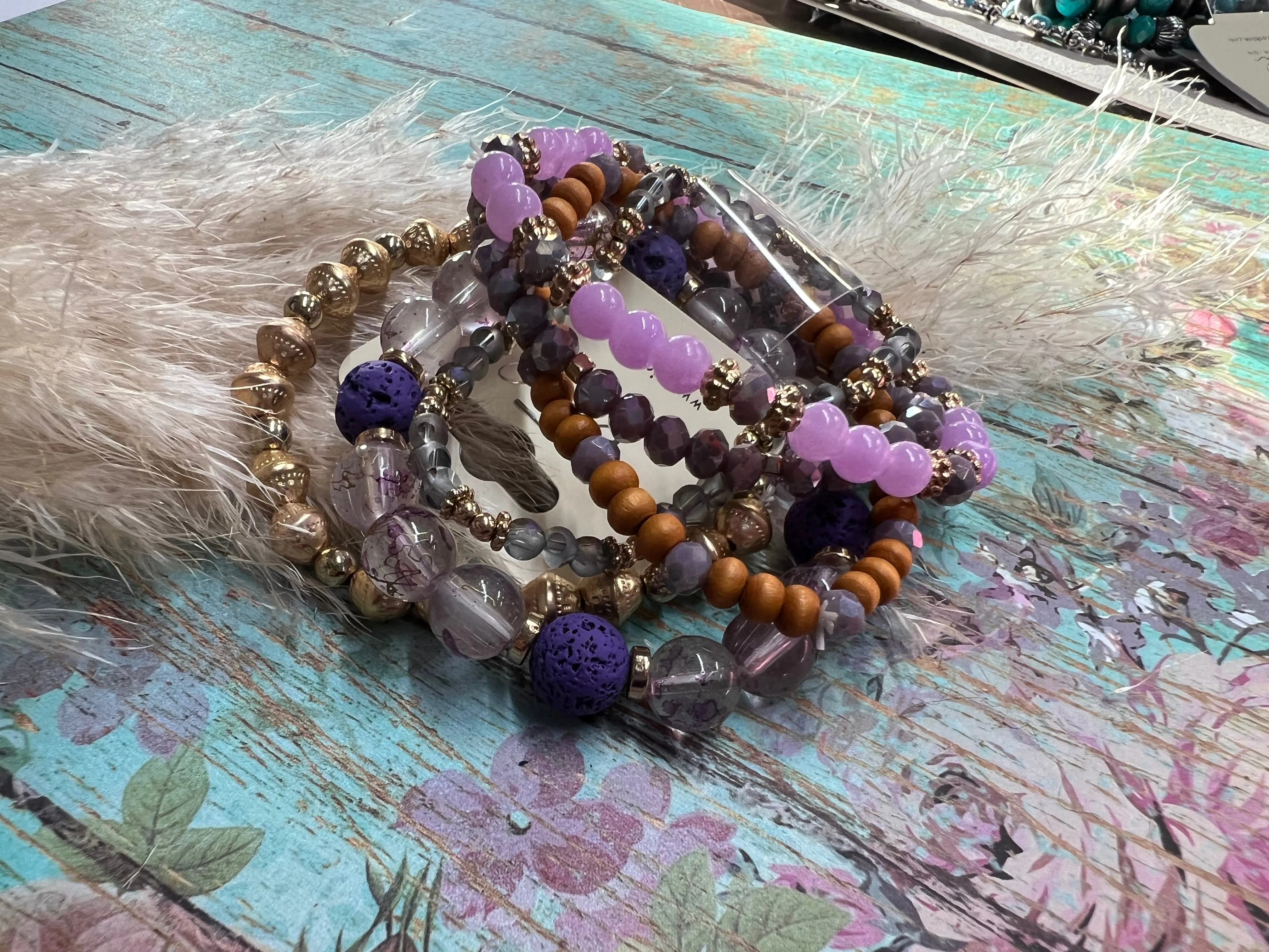 6 - Piece Bracelet Set - Purple   Gold