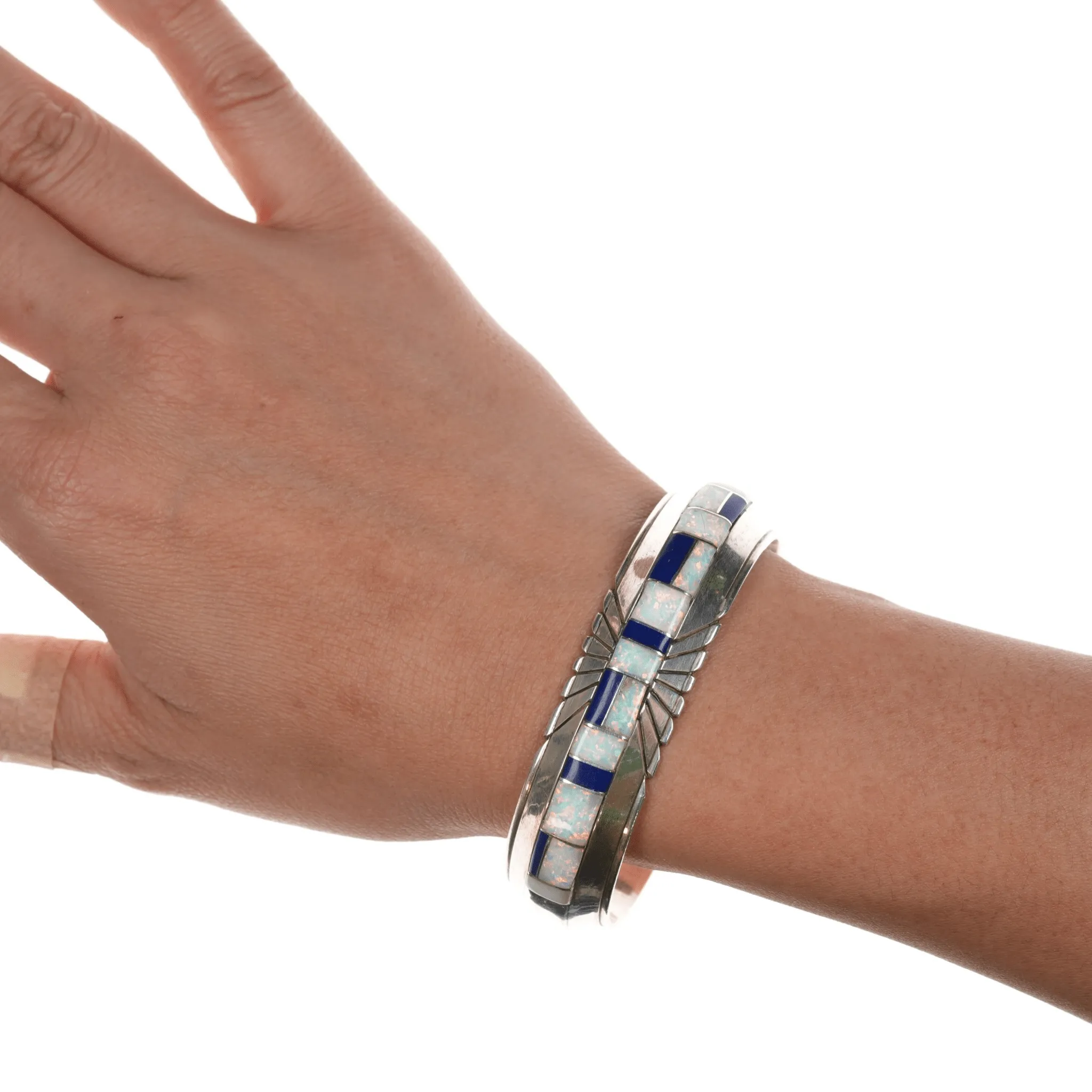 6.5" JB Native American sterling channel inlay Opal and Lapis cuff bracelet