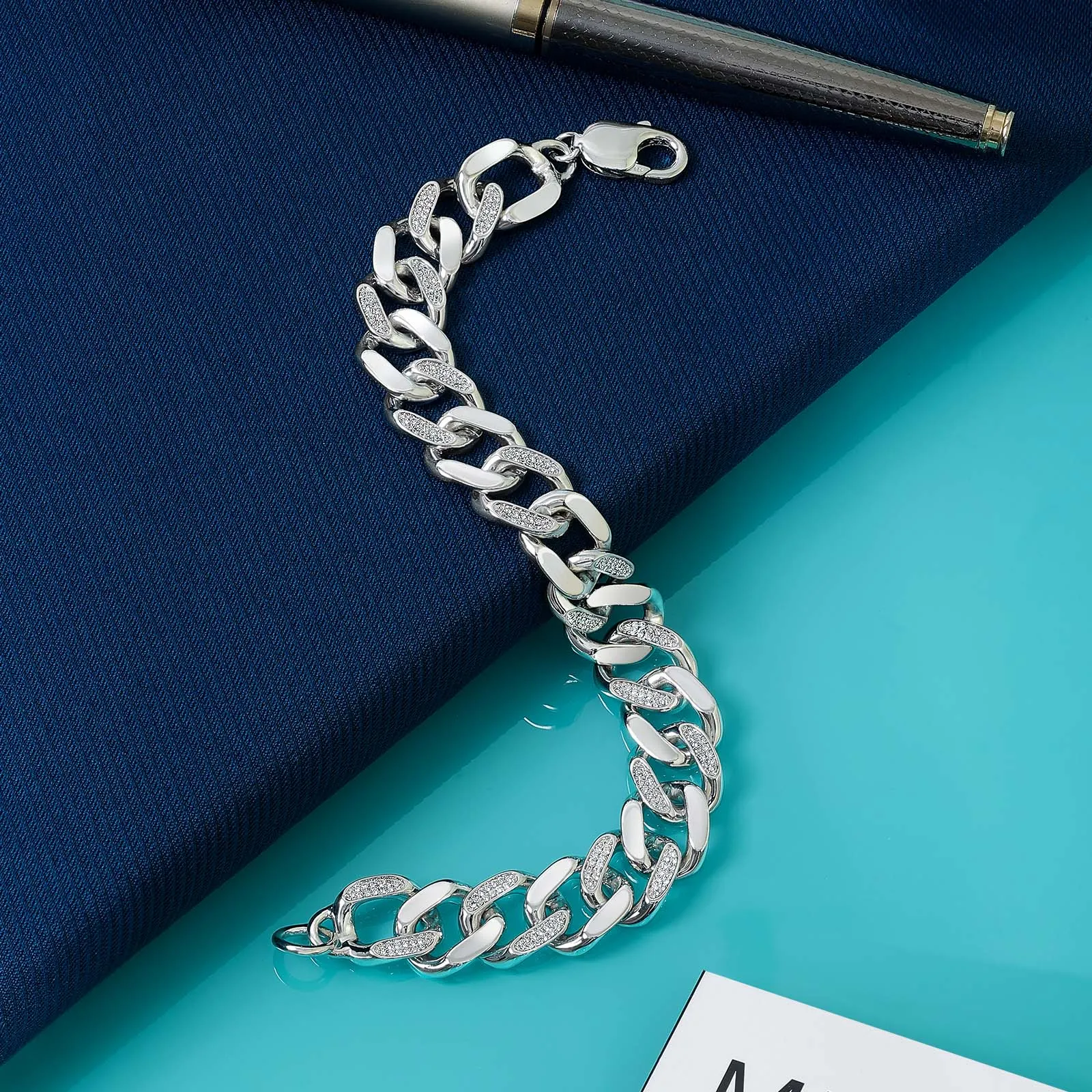 925 Sterling Silver Cz Stone Anchor Chain Bracelet For Men