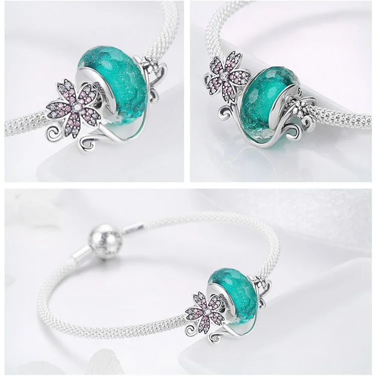925 Sterling Silver Daisy Flower Green Glass Bracelets