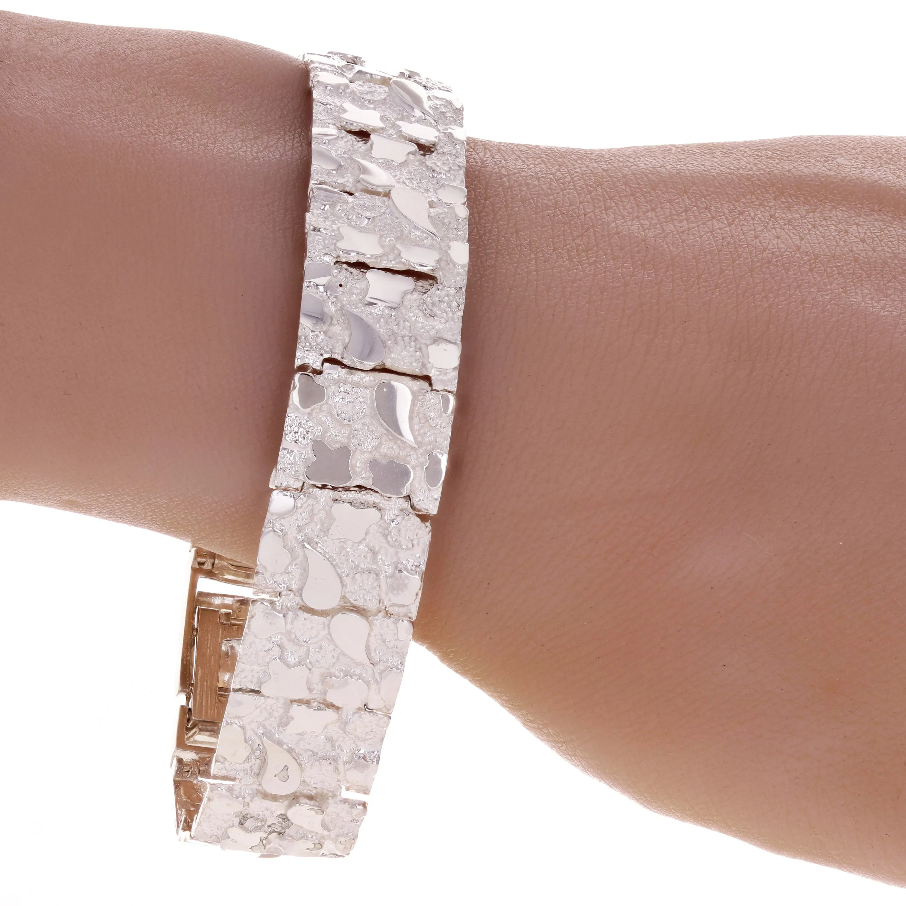 925 Sterling Silver Nugget Bracelet Adjustable Solid Link 7.75" 15mm 32 grams