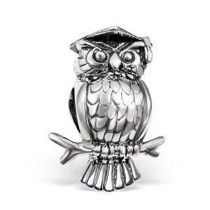 .925 Sterling Silver "Graduating Owl"  Charm Spacer Bead for Snake Chain Charm Bracelet