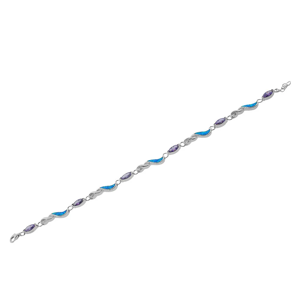 925 Sterling Silver Simulated Blue Opal Purple Amethyst-Tone Marquise-Shape CZ Infinity Tennis Bracelet