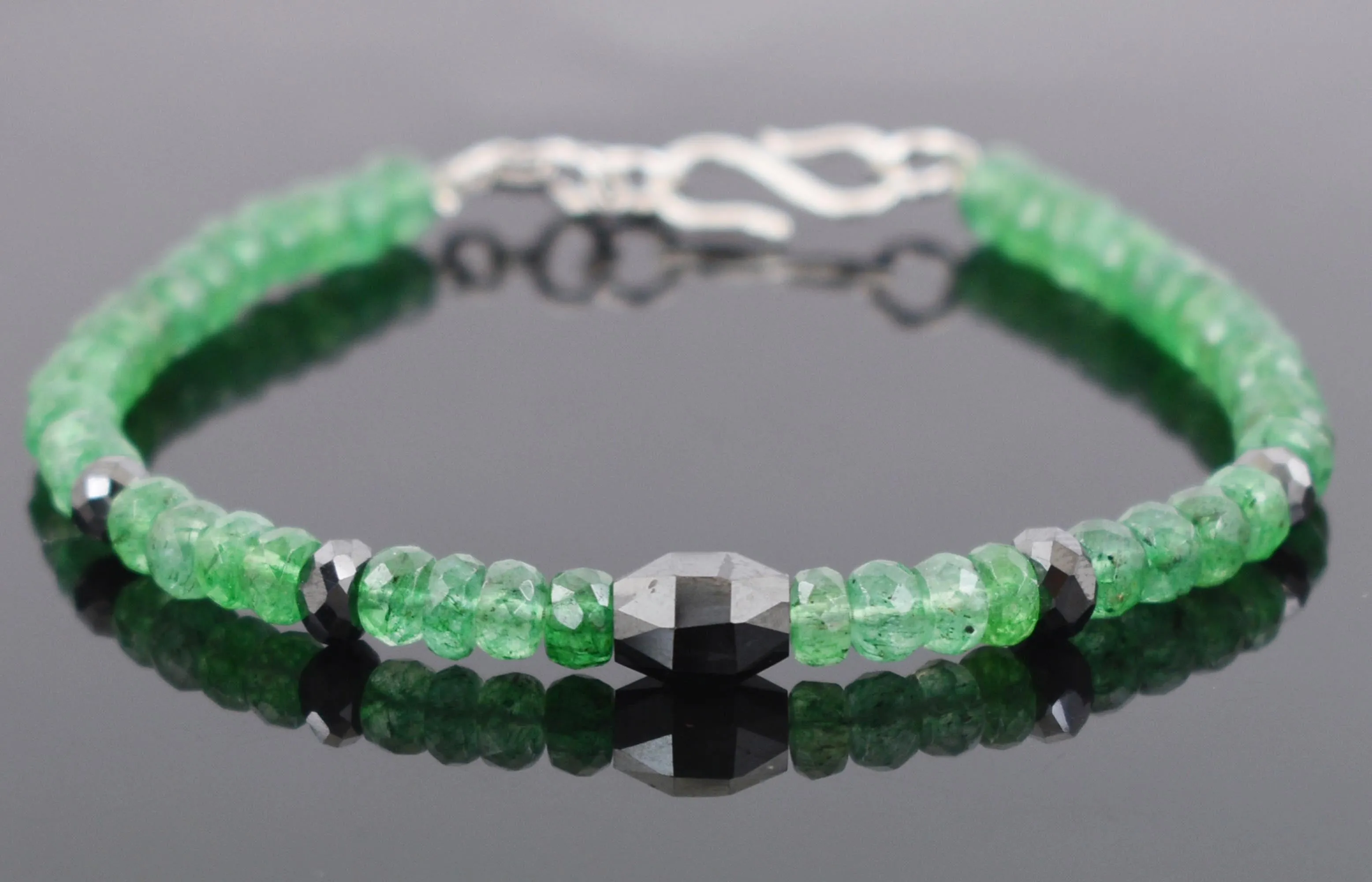 AAA Certified Emerald Gemstone Bracelet With Black Diamond Bead