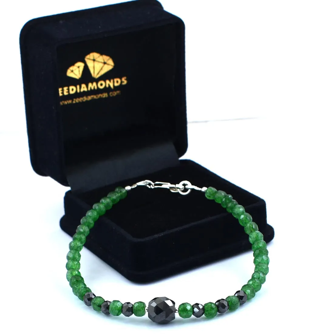 AAA Certified Emerald Gemstone Bracelet With Black Diamond Bead