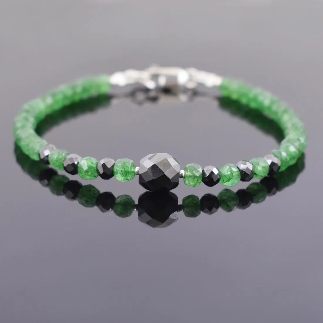 AAA Certified Emerald Gemstone Bracelet With Black Diamond Bead