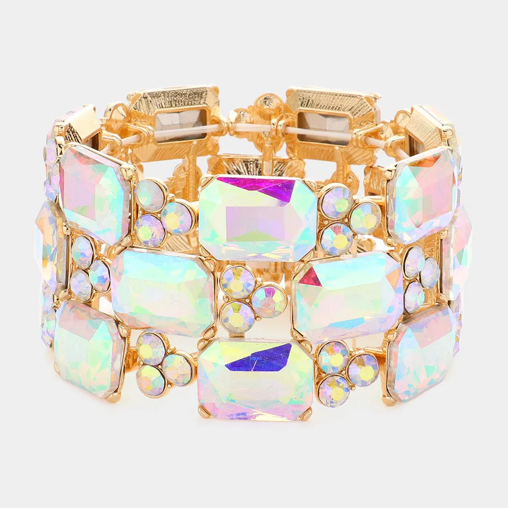 AB Emerald Cut Stone Accented Pageant Stretch Bracelet on Gold  | Crystal Bracelet | 581625