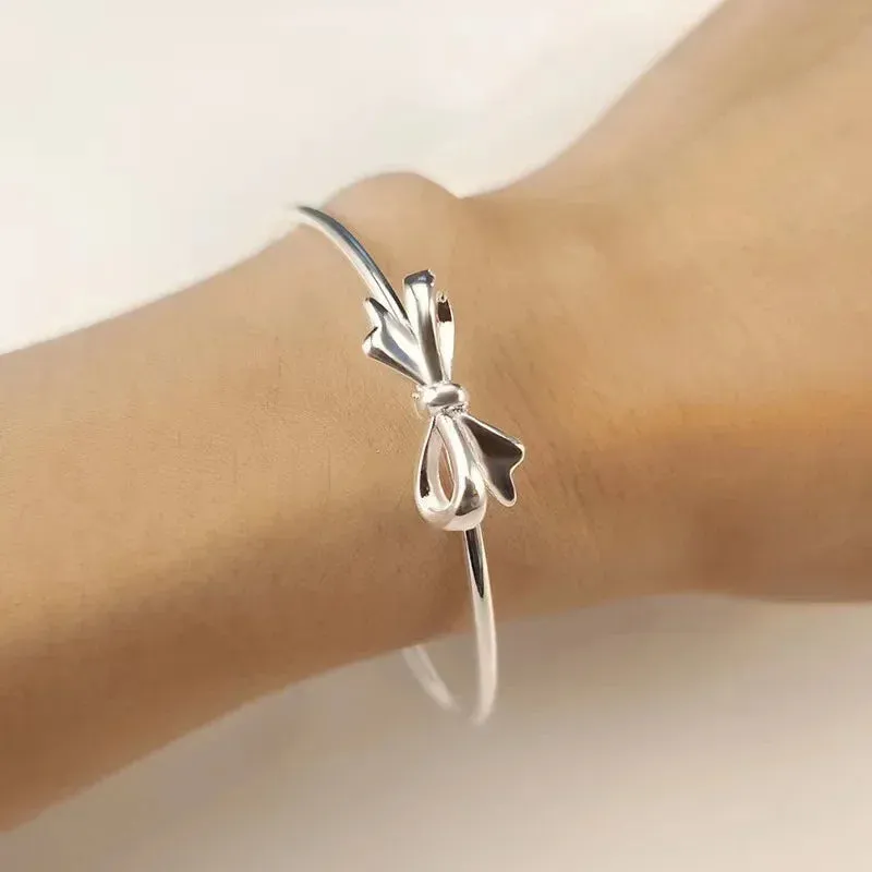 Adorable Kawaii 925 Sterling Silver Bow Bangles for Women 🎀✨ - Chic Party & Wedding Bracelets, Perfect Gift Idea! 💖