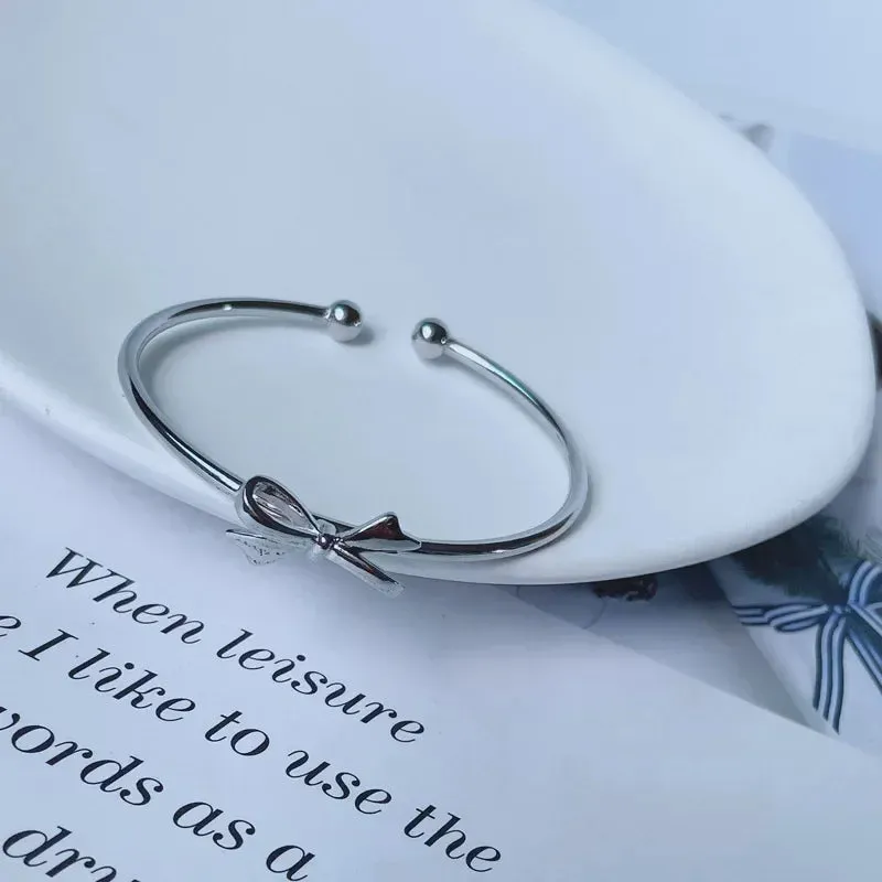Adorable Kawaii 925 Sterling Silver Bow Bangles for Women 🎀✨ - Chic Party & Wedding Bracelets, Perfect Gift Idea! 💖