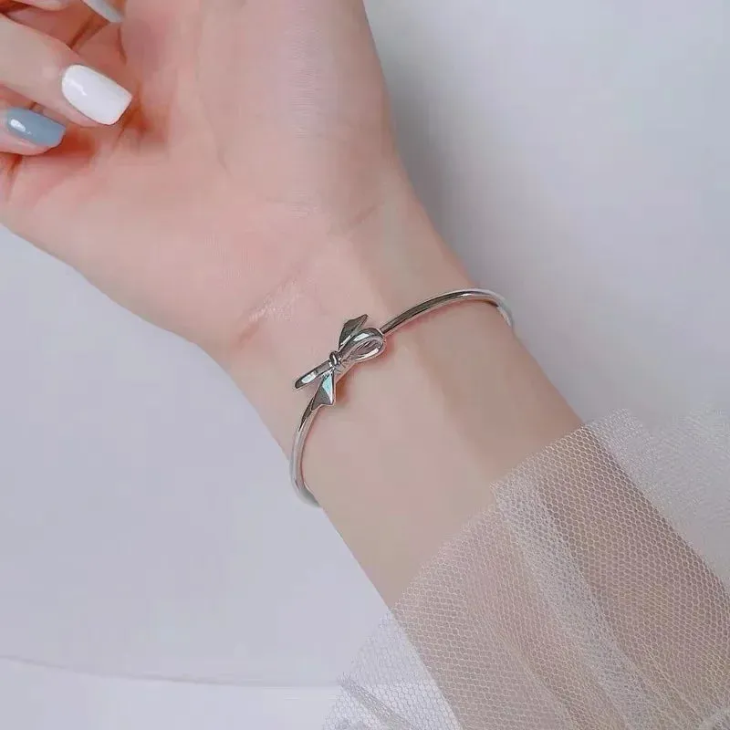 Adorable Kawaii 925 Sterling Silver Bow Bangles for Women 🎀✨ - Chic Party & Wedding Bracelets, Perfect Gift Idea! 💖