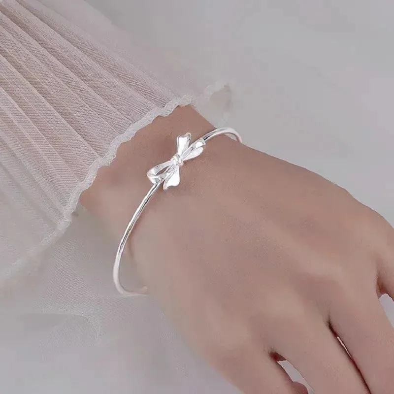Adorable Kawaii 925 Sterling Silver Bow Bangles for Women 🎀✨ - Chic Party & Wedding Bracelets, Perfect Gift Idea! 💖