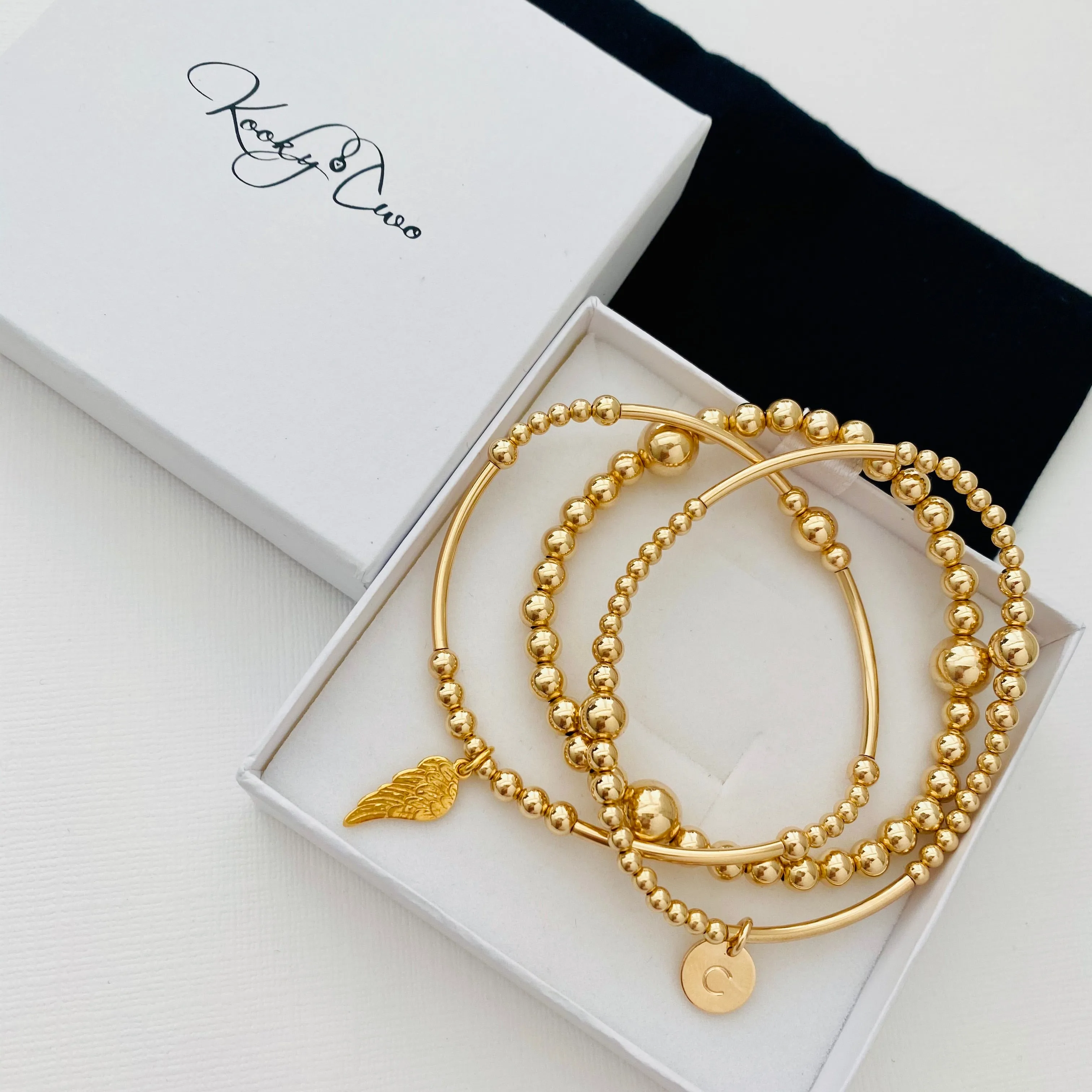 ANGEL | Gold Personalised Angel Wing Bracelet Stack