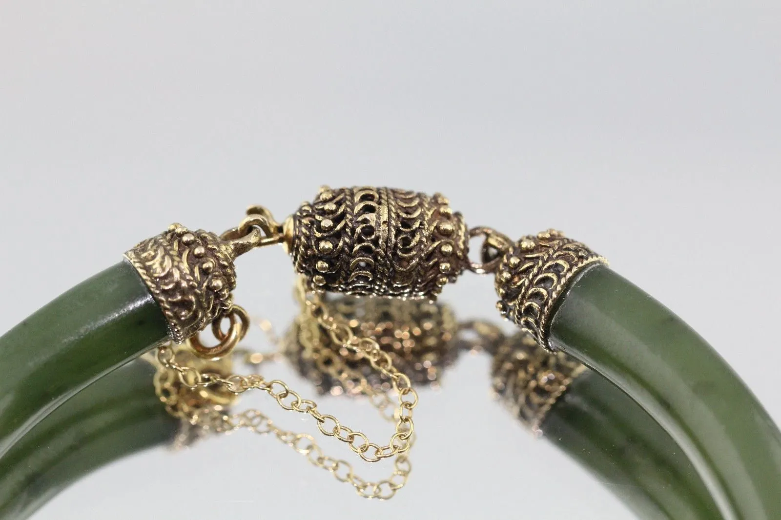 Antique 14K Gold Hand Made Dark Green Jadeite Jade Link Bracelet Signed
