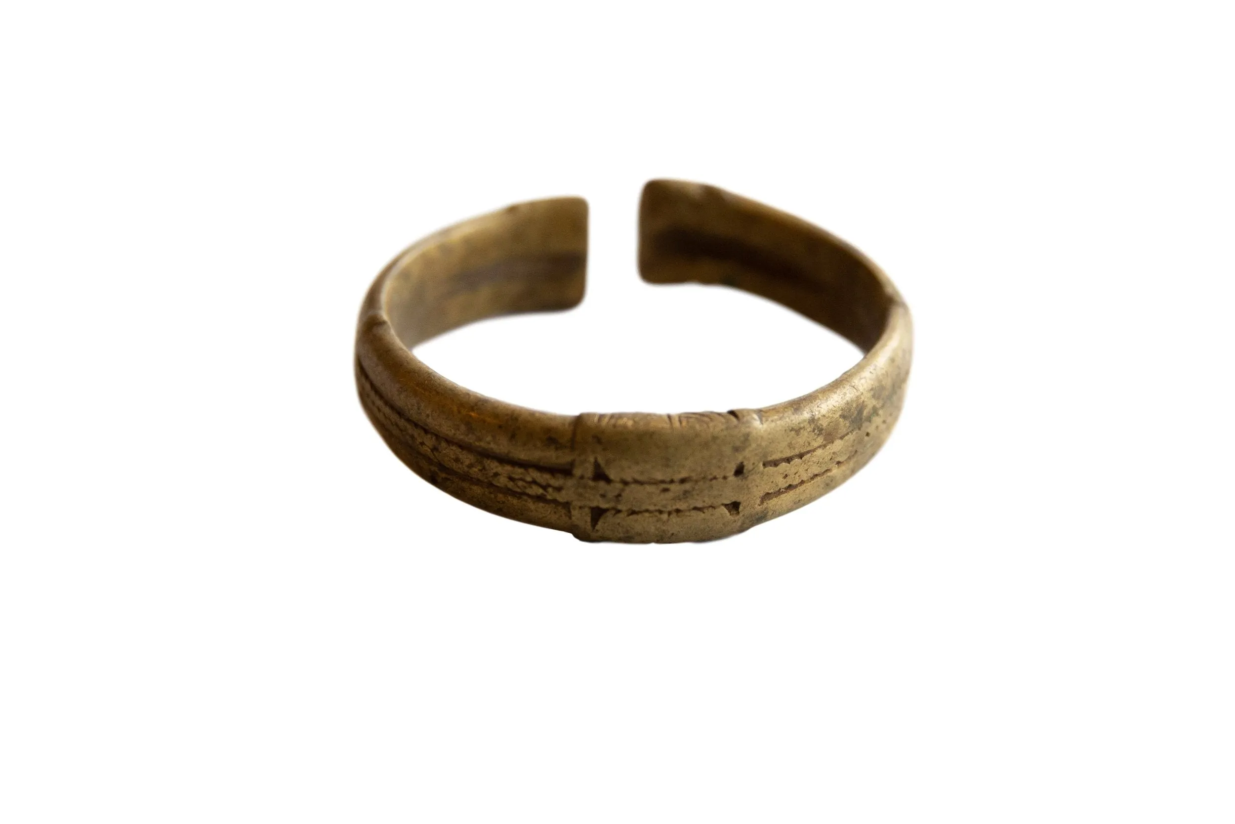 Antique African Bronze Stripe Design Cuff Bracelet with Golden Patina