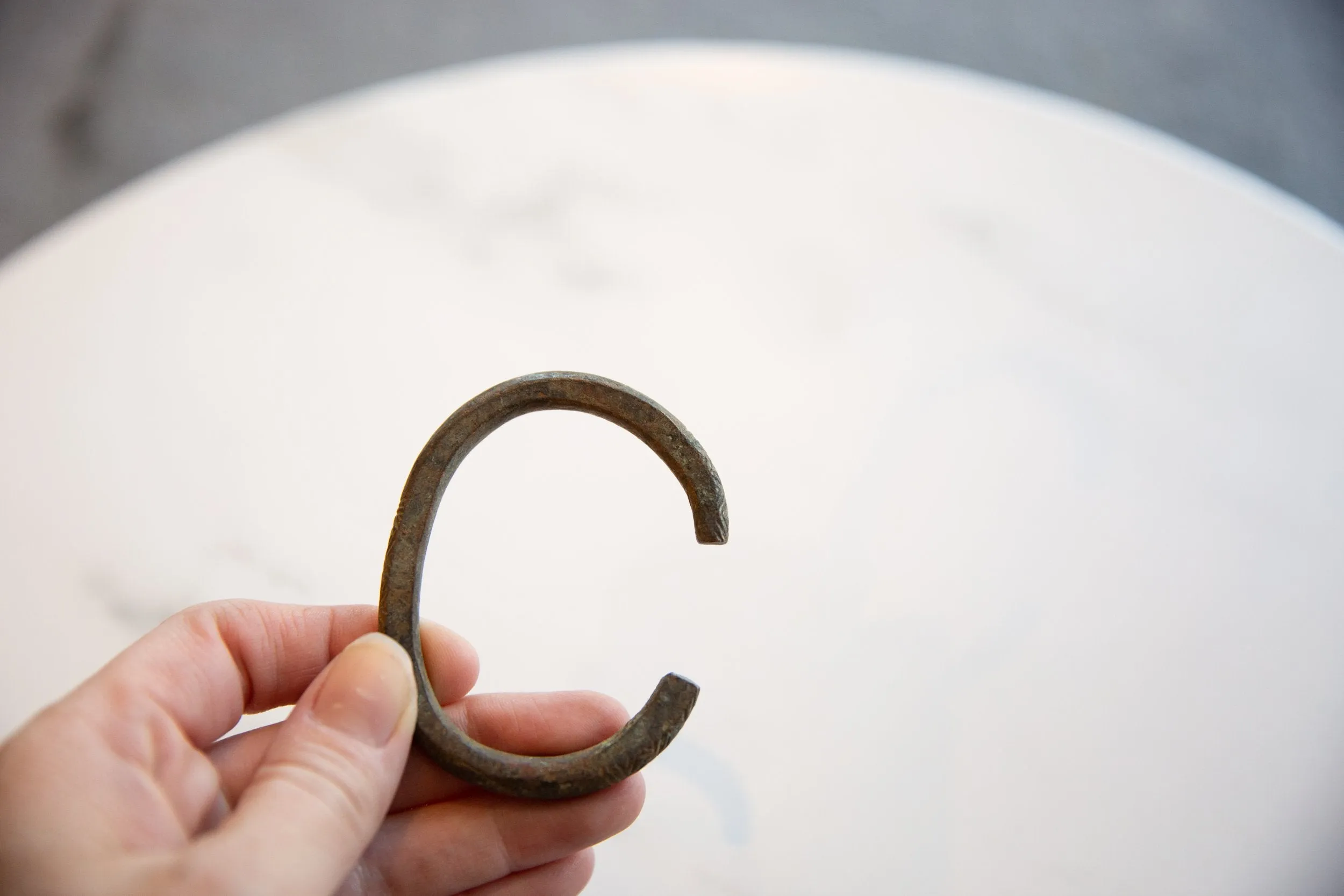Antique African Child's Bronze Cuff Bracelet with Geometric Detailing