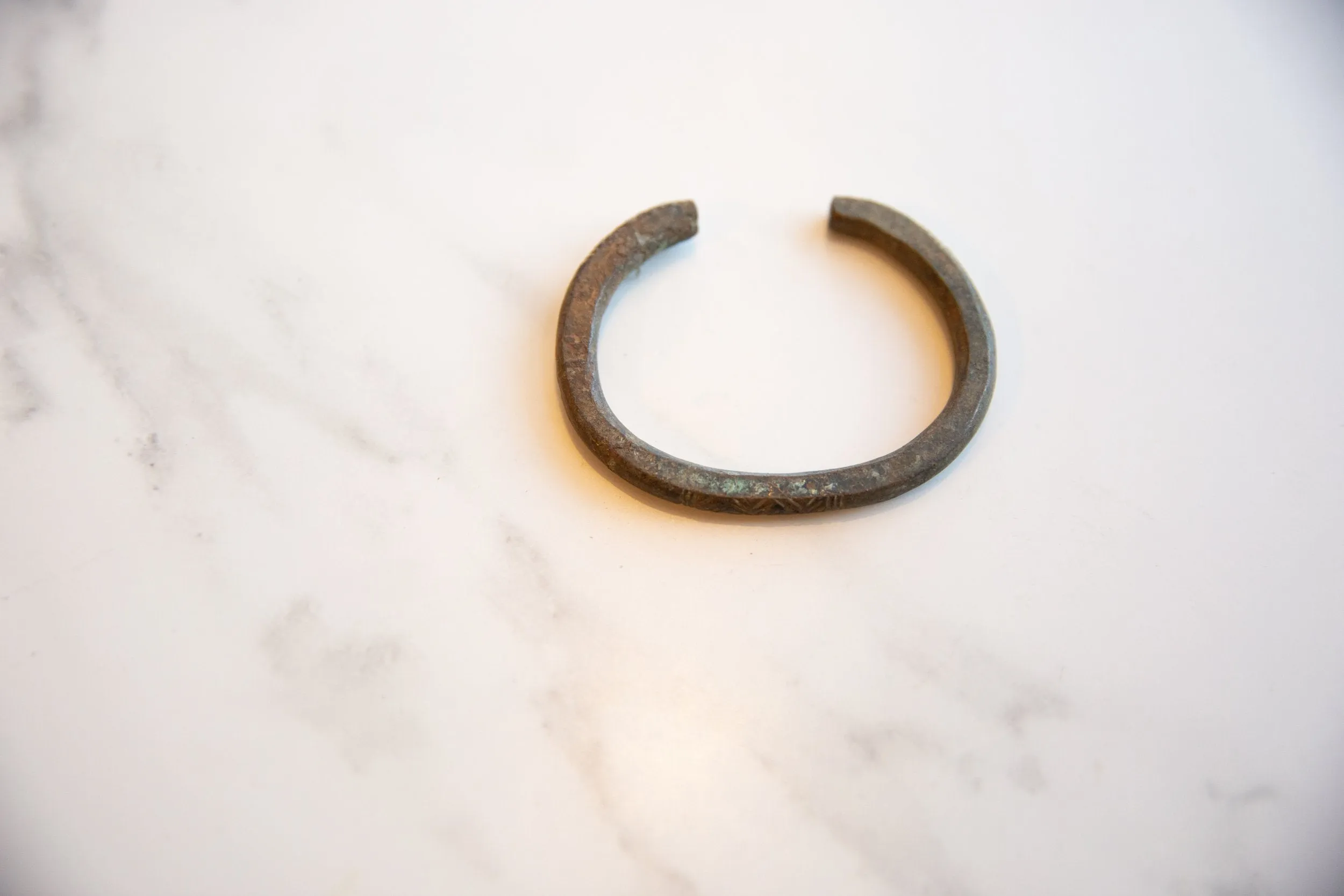 Antique African Child's Bronze Cuff Bracelet with Geometric Detailing