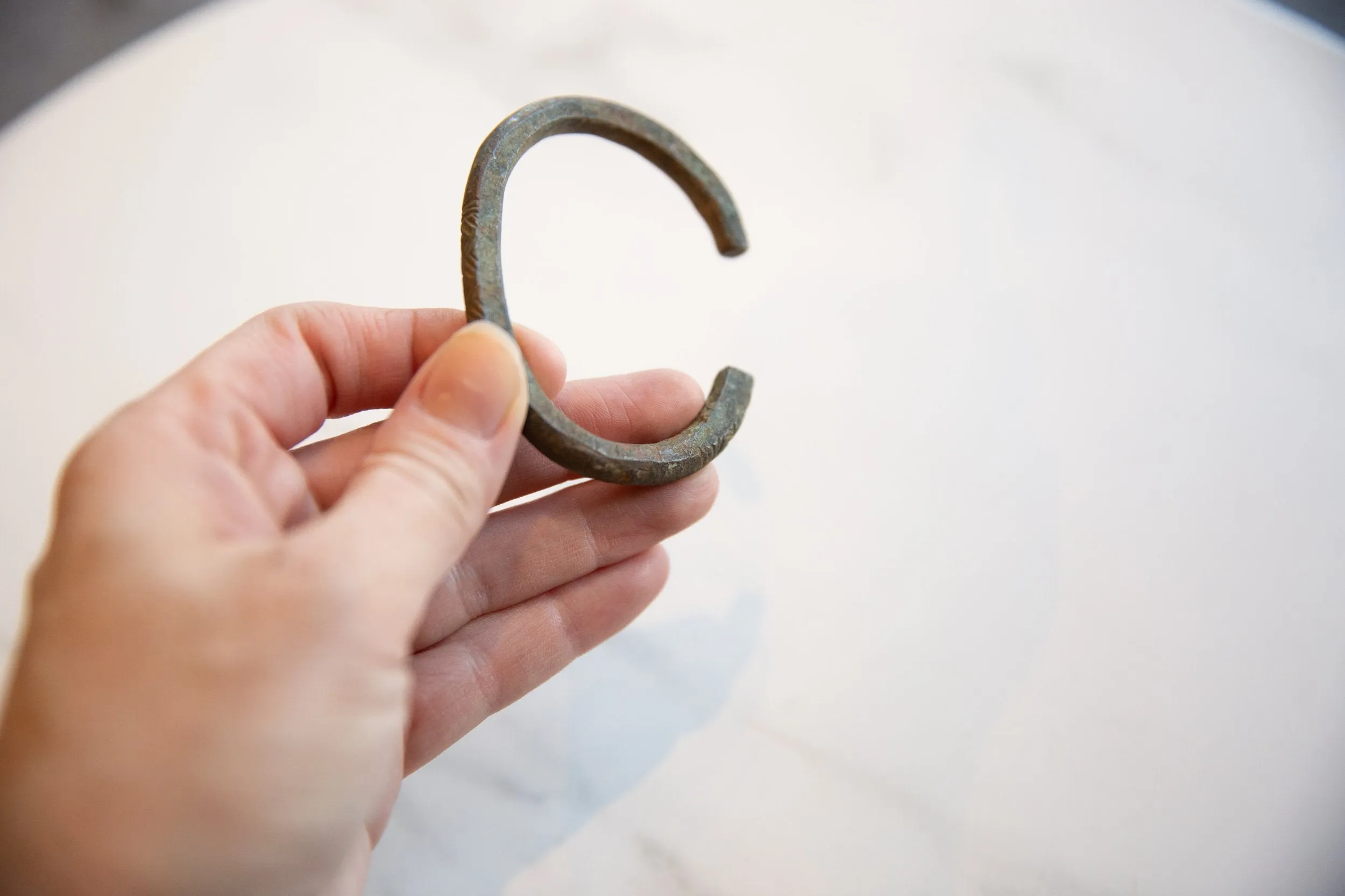 Antique African Child's Bronze Cuff Bracelet with Geometric Detailing