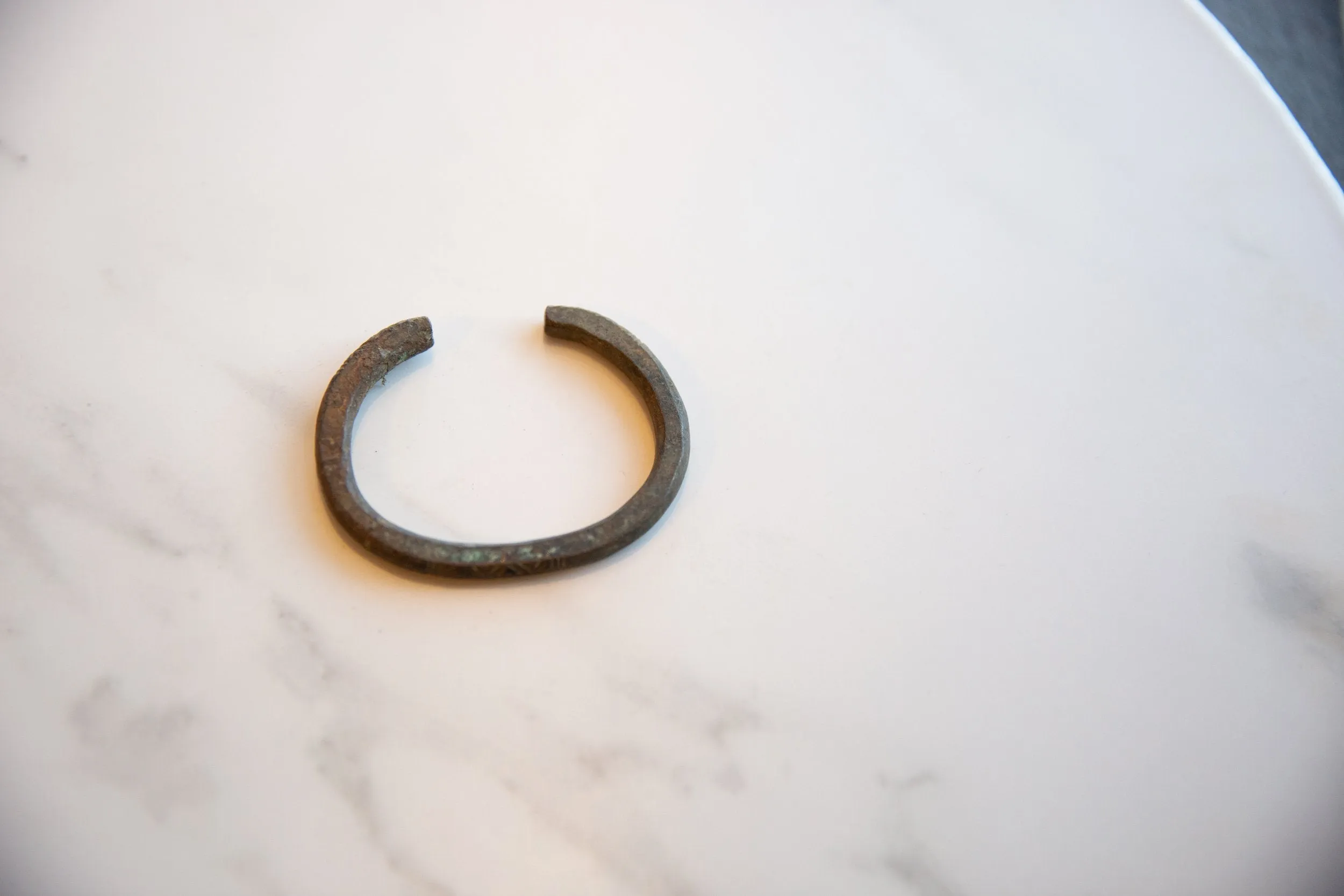 Antique African Child's Bronze Cuff Bracelet with Geometric Detailing