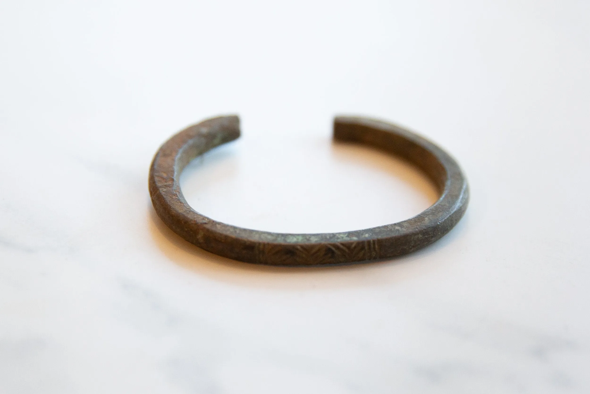Antique African Child's Bronze Cuff Bracelet with Geometric Detailing